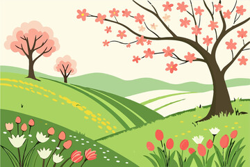 Hil scenery , beautiful flower trees and the sunrise vector art illustration