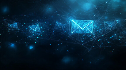 Abstract Digital Network with Glowing Blue Social Media and Email Icons on Dark Background
