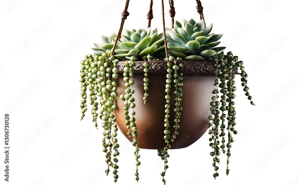 Poster A hanging pot with trailing string of pearls succulent, isolated on a empty plain background