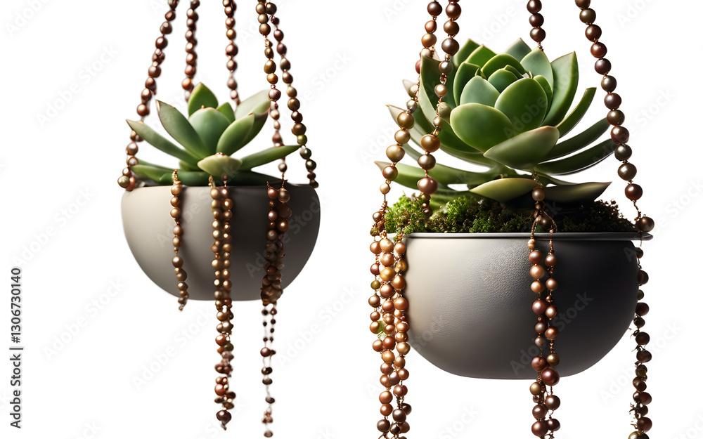 Poster A hanging pot with trailing string of pearls succulent, isolated on a empty plain background