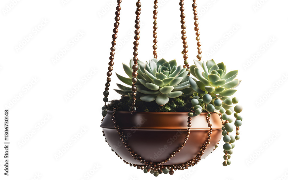 Poster A hanging pot with trailing string of pearls succulent, isolated on a empty plain background