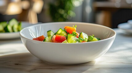 A white bowl contains a fresh colorful salad with vegetables