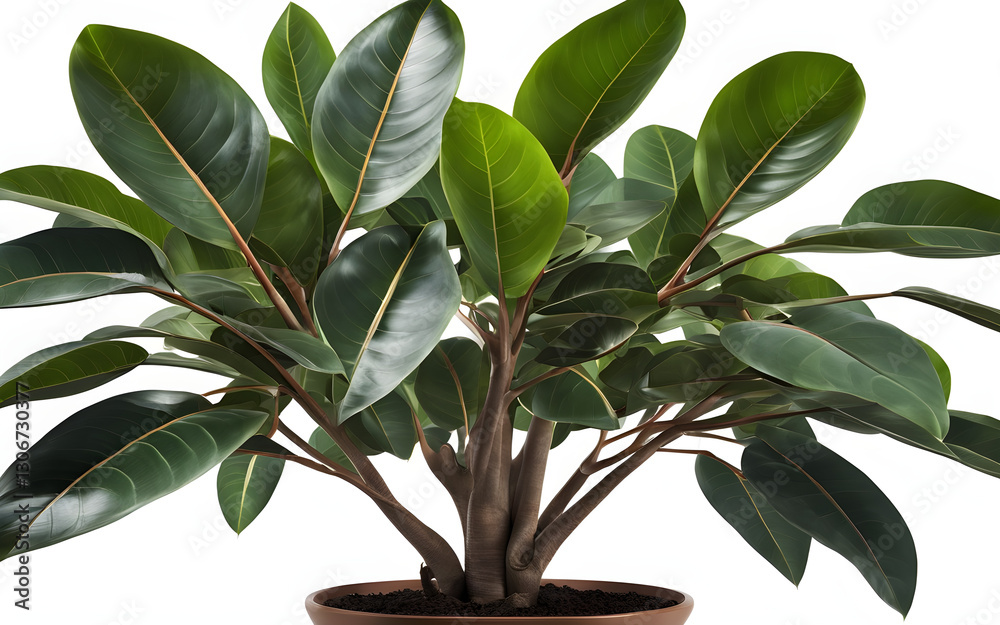 Poster a potted ficus plant with large, glossy leaves, isolated on a empty plain background