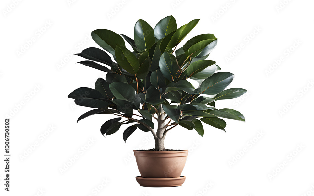 Poster a potted ficus plant with large, glossy leaves, isolated on a empty plain background