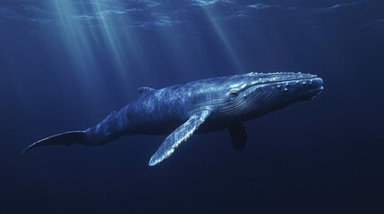 Naklejka premium A majestic blue whale swimming in deep ocean waters, with soft rays of sunlight shining through.
