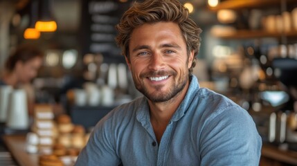 Obraz premium confident man smiling warmly while standing in a stylish coffee shop environment highlighting warmth and hospitality