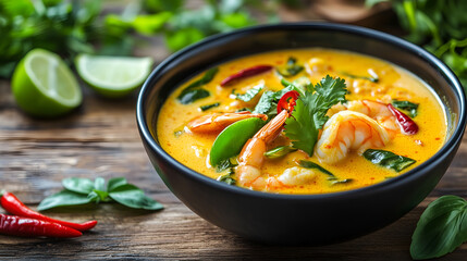 Spicy Thai curry soup with shrimp and coconut milk in a tropical setting