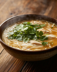 Spicy lemongrass chicken soup with rice noodles in a ceramic bowl