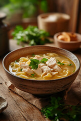 Chicken noodle soup in a rustic bowl with fresh herbs