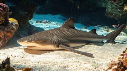 Fototapeta premium A nurse shark resting on the ocean floor, its body partially covered in sand.