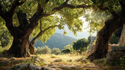 Obraz premium In the garden beside the house of the ancient oracle, Delphi, sacred laurel trees grew tall.