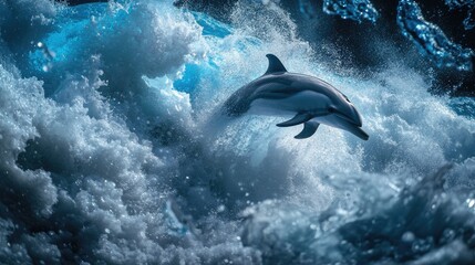 Fototapeta premium A playful dolphin leaping through a crashing wave, white foam cascading around it.