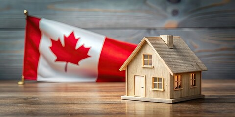 Gray background showcases a quaint wooden Canadian home, nestled atop a flag &acirc;&euro;&ldquo; a stock photo.