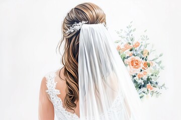 Elegant bride with floral bouquet and veil, soft colors.