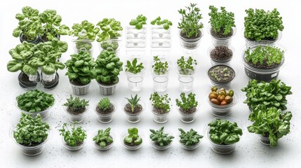Fototapeta premium Various herbs and vegetables growing in pots, white background, home gardening, stock photo