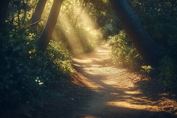 Obraz premium Sunlit Forest Path, Nature Trail, Tranquil Scene