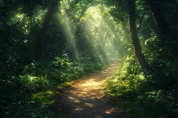 Obraz premium Sunlit Forest Path, Lush Greenery
