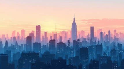 Fototapeta premium A cityscape view showing buildings at sunrise or sunset colors