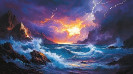 Fototapeta premium Dramatic ocean sunset with lightning storm over rocky islands.