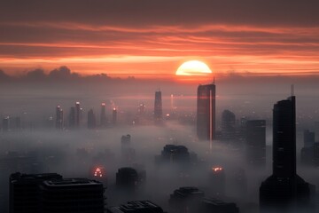 A mysterious cityscape at sunset, where mist envelops the buildings and the sky is ablaze with orange hues, creating an ethereal atmosphere loaded with emotion and depth.