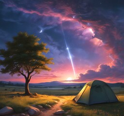 Illustration of camping with tant and wild landcape.