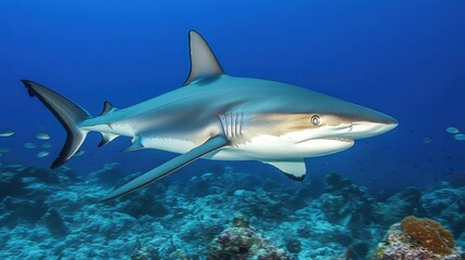 Obraz premium A shark moving in perfect harmony with a school of fish swimming nearby.