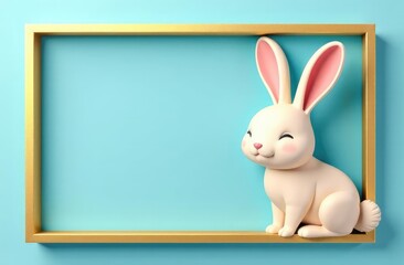 Obraz premium Easter cards with rabbit ears and a gold texture frame. Vector 3D abstract illustration of paper tenderloin. Copy a place for the text. Easter rabbit with the inscription Happy Easter on a blue backgr