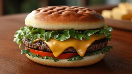 A delicious cheeseburger with fresh ingredients on a wooden surface