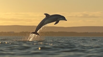 A single dolphin performing a high jump, water droplets sparkling in midair.