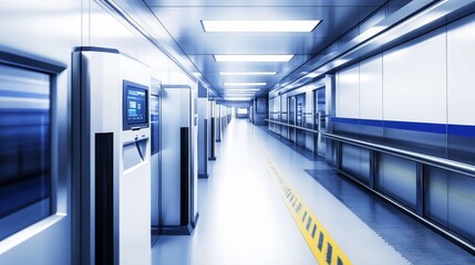 Obraz premium Futuristic corridor in a modern facility with sleek design and ambient lighting