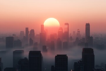 Fototapeta premium A serene sunrise over a fog-covered city, with soft pastel colors enveloping the skyline, reflecting tranquility and hope symbolizing new beginnings.