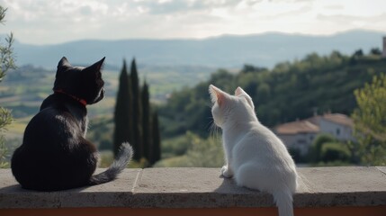 Two felines are enjoying a beautiful view overlooking green rolling hills