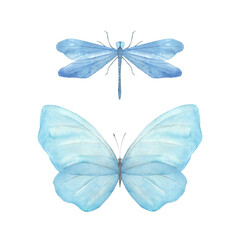 Watercolor blue collection with butterfly and dragonfly. Hand drawn isolated illustration on white background.