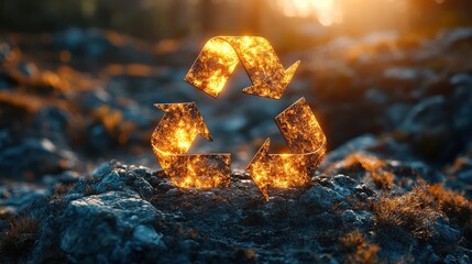 cracked recycle symbol on rocky ground with sunlight background