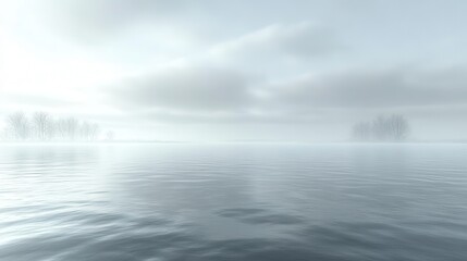 Fototapeta premium Misty lake, calm water, trees in fog, serene landscape, peaceful background