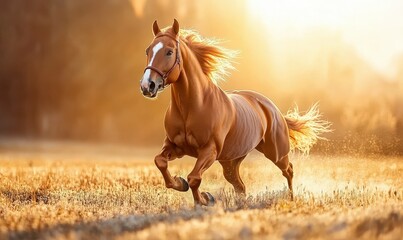 Obraz premium Galloping chestnut horse running through a snowy meadow under soft golden sunlight, creating a dynamic and picturesque outdoor scene