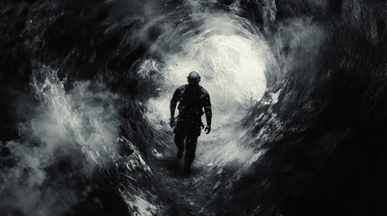 Obraz premium Into the Unknown: A Solitary Figure's Journey Through a Mysterious Cave