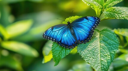 A vibrant blue butterfly resting on a lush green leaf, its wings shimmering in the sunlight.