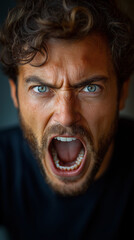young man on a plain white background, shouting with intense frustration