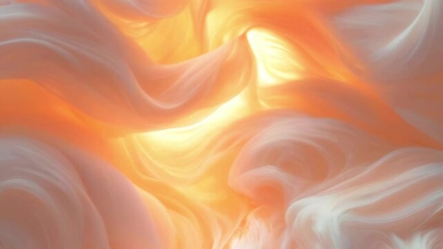 Digital animation of soft, silky flows woven into weightless patterns. Gold and cream tones create a soft inner glow. Abstract composition