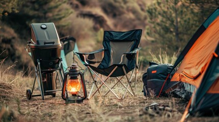 Camping setup with tent grill chair and lantern outdoors in nature