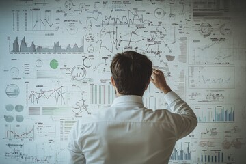 Male adult caucasian analyzing business graphs and data on wall
