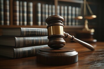 Elegant study with wooden accents and law symbols..