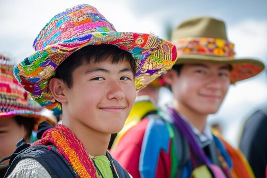 Asian teen boys in colorful hats at outdoor festival gathering