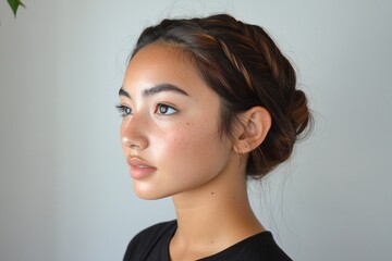Fototapeta premium Young asian female with braided updo and natural makeup portrait