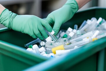 Gloved hands sorting test tubes in medical waste container for laboratory safety