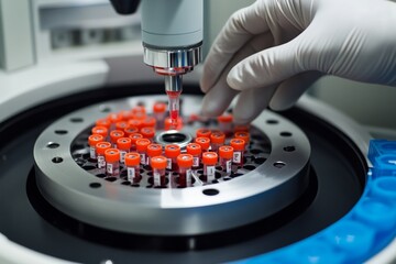 Laboratory technician handling blood samples in centrifuge for medical testing