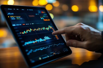 Hand interacting with digital tablet displaying financial market data at night