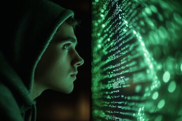 Young caucasian male analyzing futuristic digital code in dark environment