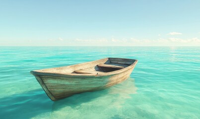 Naklejka premium Scenic view of a wooden boat floating on turquoise water under clear skies, illuminated by bright natural light for a serene and exotic feel